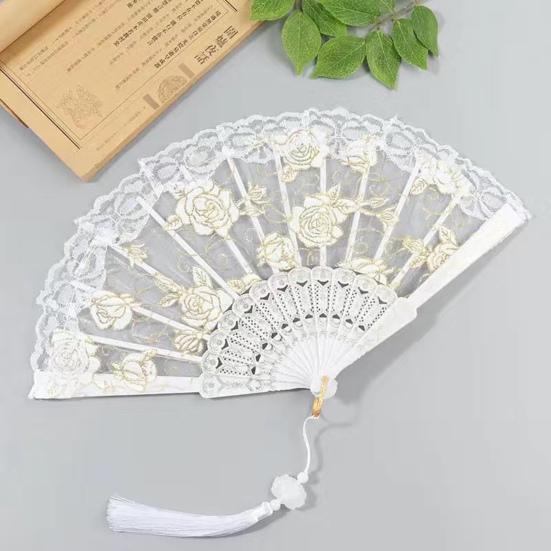 Rose Lace Folding Fan with Tassel Vintage Wedding Dance Performance Photo Props Portable Summer Hand Held Fan Party Supplies Gift