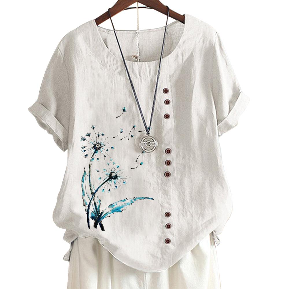 Classic Floral and Bamboo Pattern Women's Comfortable Cotton Linen Casual Tee with Round Neck and Short Sleeves S-5XL