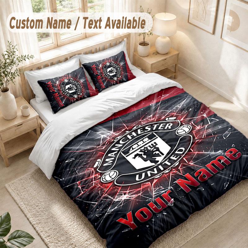 Custom Name Bedding Set 3 PiecesManchester United Print Duvet Cover + 2 Pillowcases Soft Bed Decor