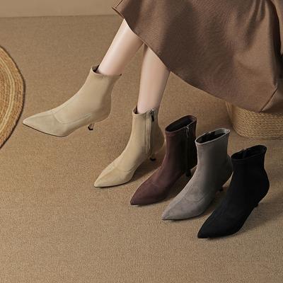 Винтажные женские ботильоны, модные туфли с острым носком, осень-зима, на высоком каблуке, женские, элегантные, эластичные, тонкие, короткие