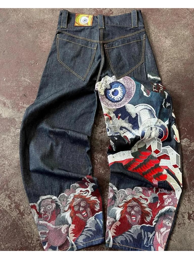 Джинсы GLYDE Streetwear Y2K Харадзюку Готика Ретро Хип-Хоп Вышитые Мешковатые Джинсы Мужские Женские Новые Брюки с Высокой Талией и Широкими Штанинами