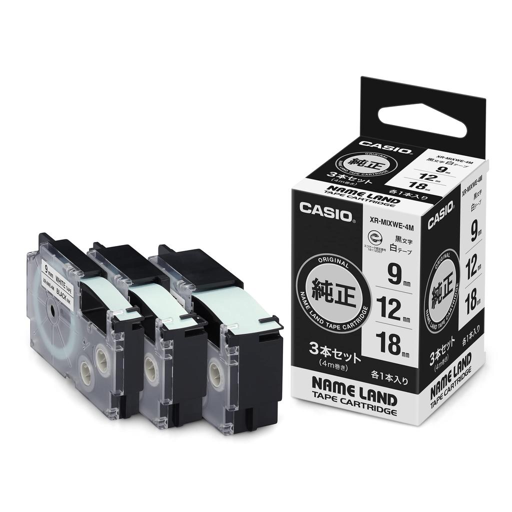 Оригинальная лента для этикеток Casio Nameland Label Writer 9 мм 12 мм 18 мм, набор из 3 шт. XR-MIXWE-4M, черные буквы на белом фоне
