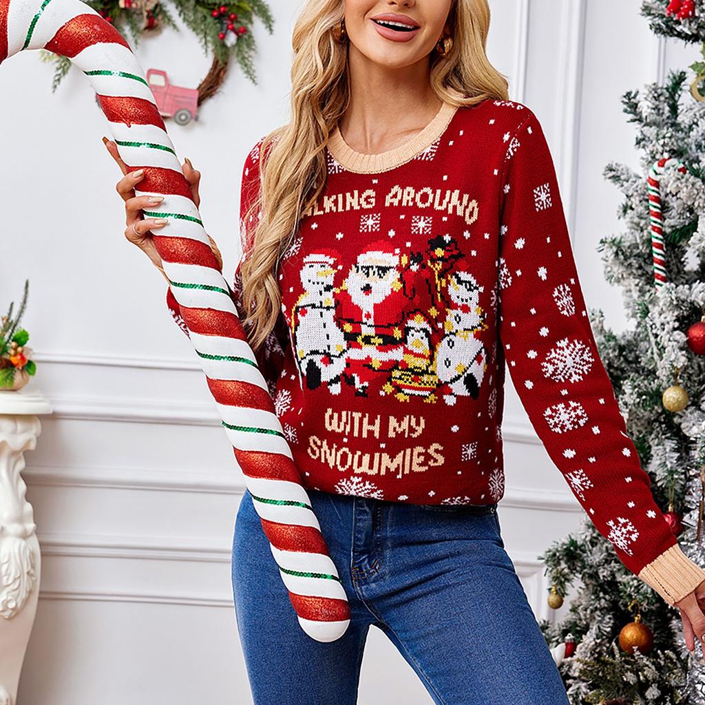 Женская мода Красный Санта-Клаус Длинный рукав Круглый вырез свитер