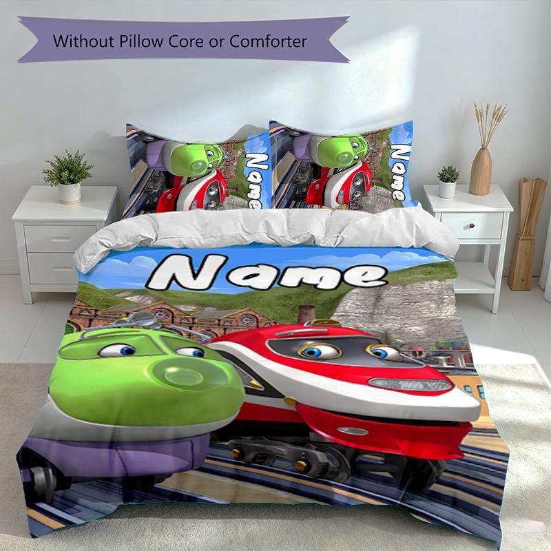 3pcs Custom Name Chuggington Set,Includes 1 Duvet Cover and 2 Pillowcases,All-season Bedroom Decor