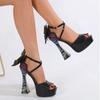 Printed Thick High Heels Bow Decorate Women Sandals Peep Toe Platform One-word Buckle Cover Heel Party Wedding Shoes