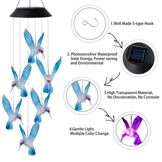 Hummingbird Shape Wind Chimes Butterfly Hanging Pendant Waterproof Solar Power Automatic Lighted Wind Chimes Outdoor Decoration