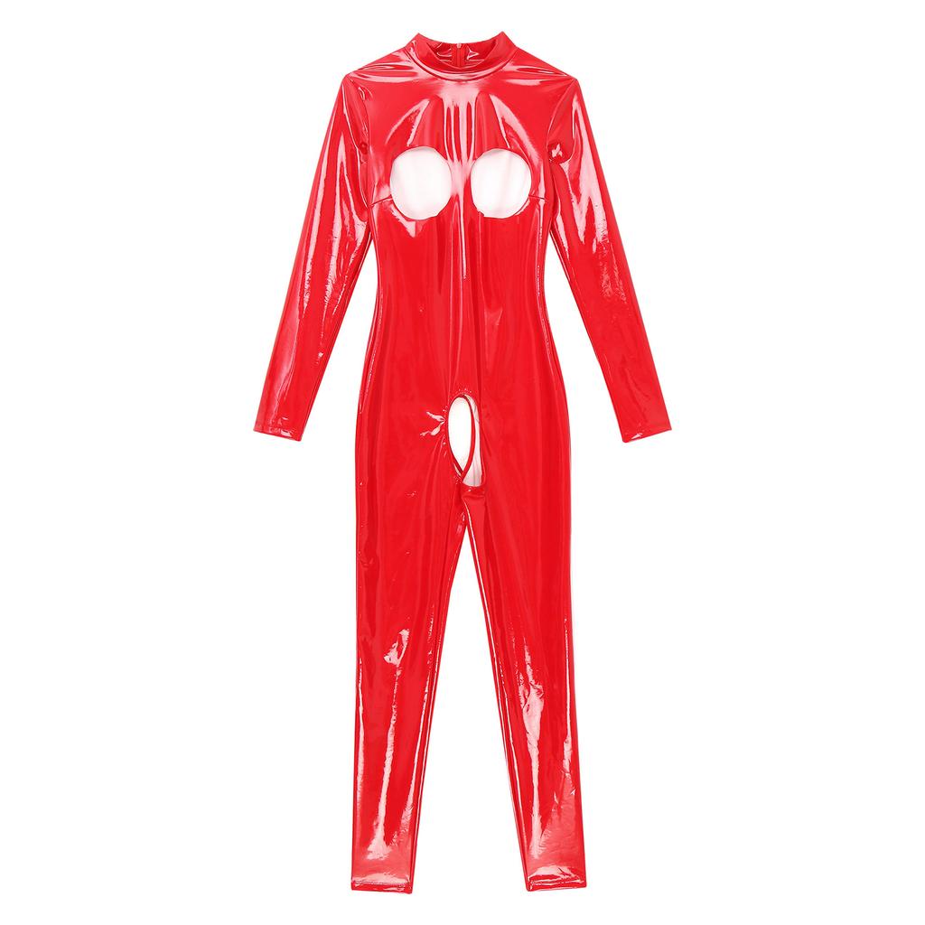 Женский ажурный комбинезон с длинным рукавом, комбинезон с воротником-молнией сзади, боди из лакированной кожи