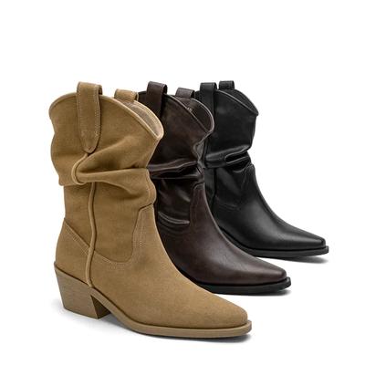 Винтажные женские сапоги-ковбойши с острым носком, модные туфли без застежек, осенне-зимние женские полусапожки на квадратном каблуке длиной до середины голени