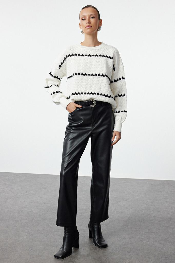 Женский модный стильный свитер цвета экрю, ажурный полосатый вязаный свитер с отверстиями