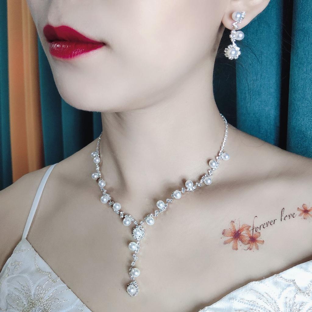 Sunflower Rhinestone Pearl Necklace Earrings Bracelet Three-piece Set, Wedding Accessories