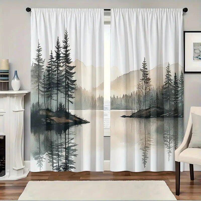 2 шт. - Шторы с принтом узора «Прибрежный пейзаж», шторы с кулиской, украшение для дома, украшение комнаты