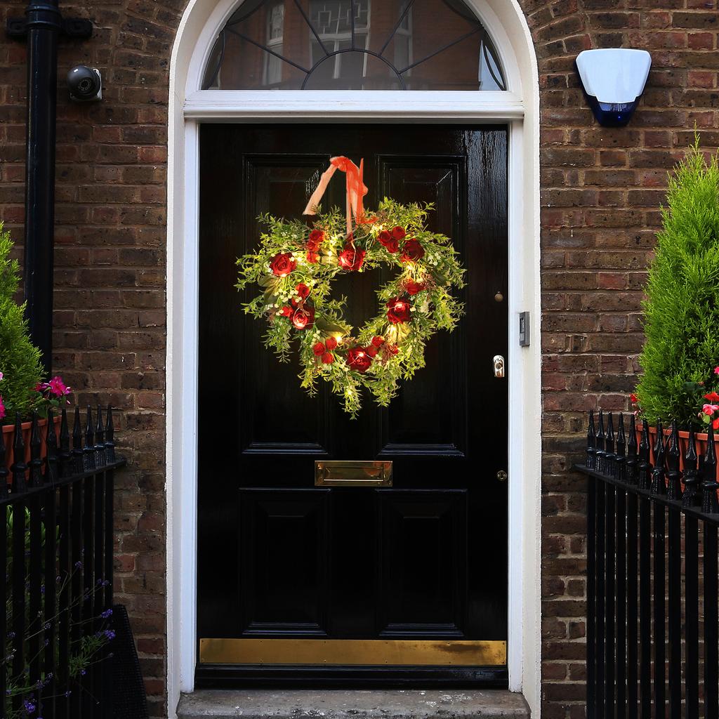 Artificial Heart Shaped Rose Wreath Ribbon Simulated Spring Floral Wreaths for Front Door Wedding Decor Photo Props 40cm