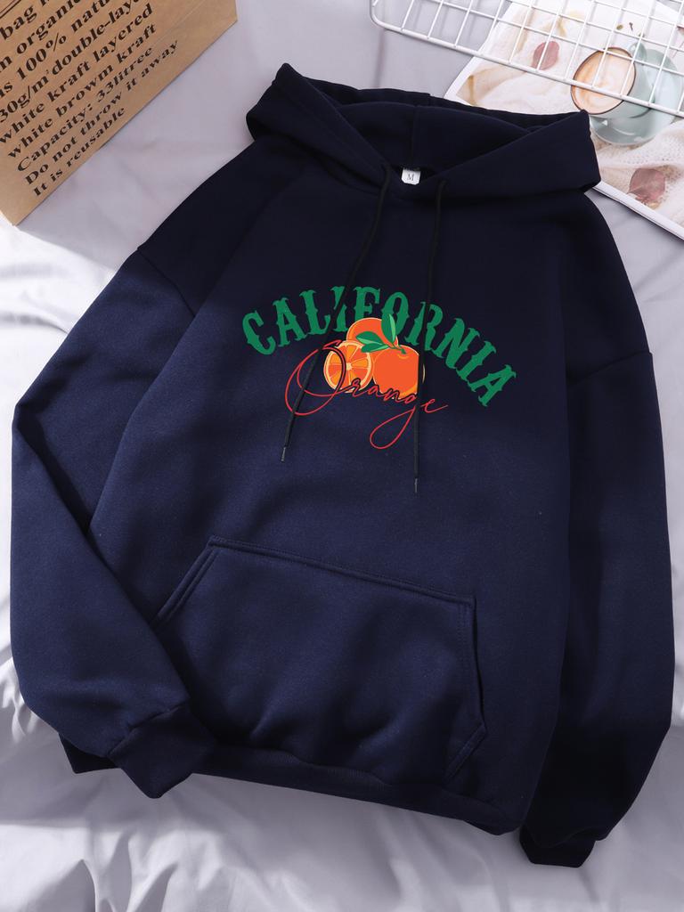 Худи с принтом California Orange Женские Зимние Флисовые Теплые Толстовки Повседневные Пуловеры с Карманом Уличная Свободная Женская Уличная Одежда