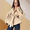 Autumn 2025 Elegant Apricot Women's Trench Coat with Large Lapel and Tie-Up Belt