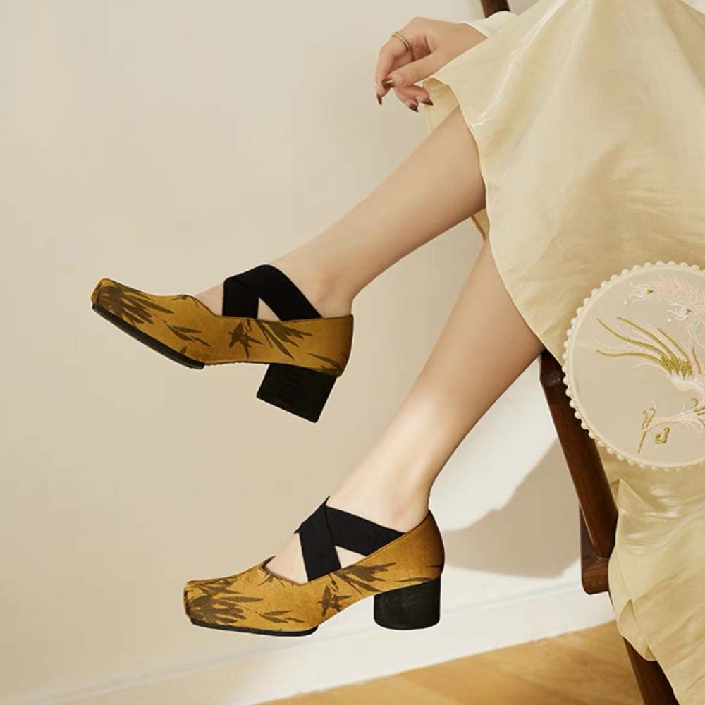 Fashionable Chinese Style Cloth Shoes with Thousand Layer Leaf Pattern Jacquard Mary Charm Square Heel Rubber Anti Slip Single