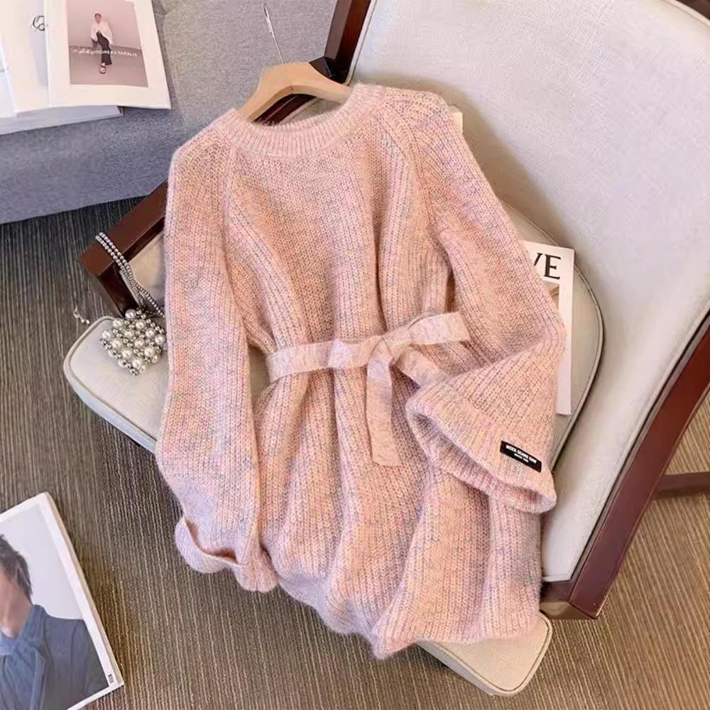 Женское элегантное платье-свитер со шнуровкой, осень-зима, мягкий свободный свитер с круглым вырезом и длинными рукавами, трикотажный топ средней длины