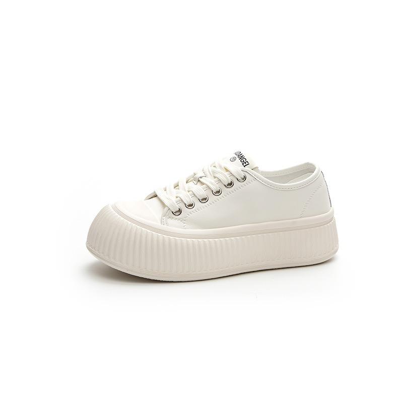 Cute Big Head Shoes Spring Round Head Lace-up Shallow Mouth Leather Thick-soled White Shoes Student Casual Board Shoes