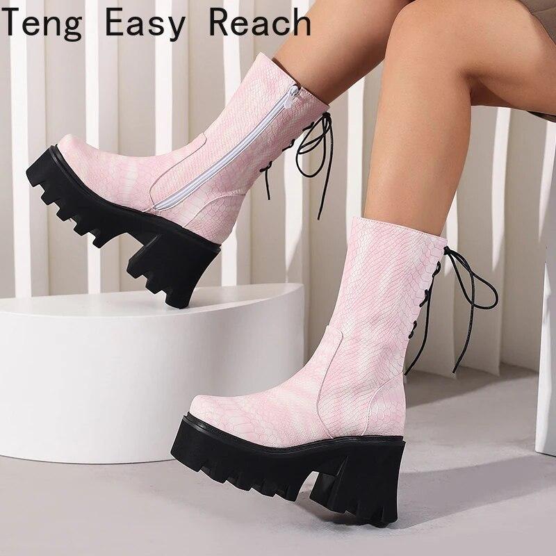 Size 34-44 Est Arrive Est Estpu Zipper Ankle Boots Square Toe Thick High Heels Boots Woman Punk Ladies Platform Boots White