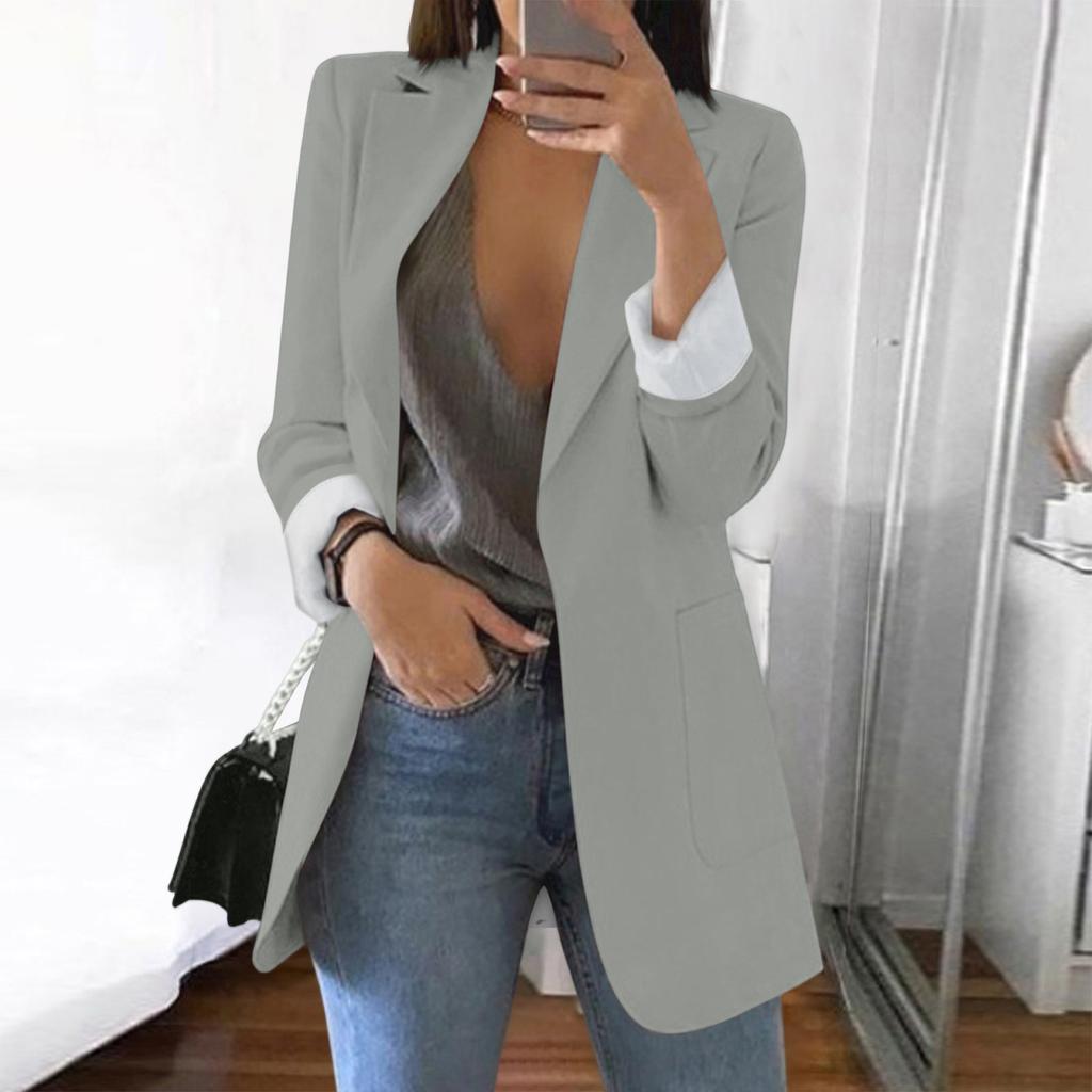 Women Solid Open Front Pockets Cardigan Formal Suit Long Sleeve Blouse Coat