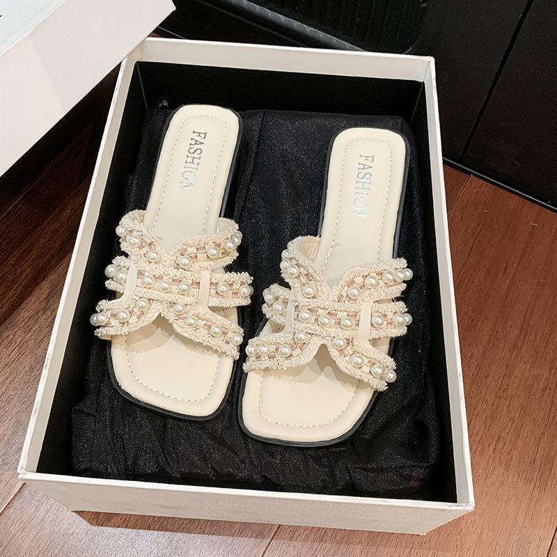 2025 весна и лето новые большие размеры плоские шлепанцы женские мягкая подошва универсальные жемчужные пляжные сандалии