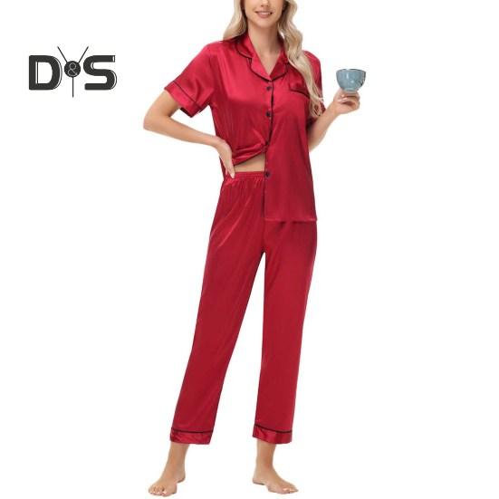 Пижамный костюм из 2 предметов, однобортный, из атласа, шелка, большого размера, кардиган, рубашка с V-образным вырезом, воротник-стойка, однотонная рубашка, широкие свободные брюки, ночная рубашка