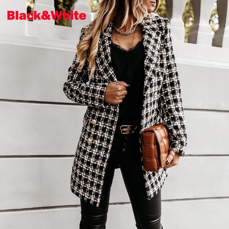 Women's Fashion Plaid Houndstooth Printing Long Jacket Lapel Trench Coat Overcoat Winter Wool Coat Women Abrigos Mujer