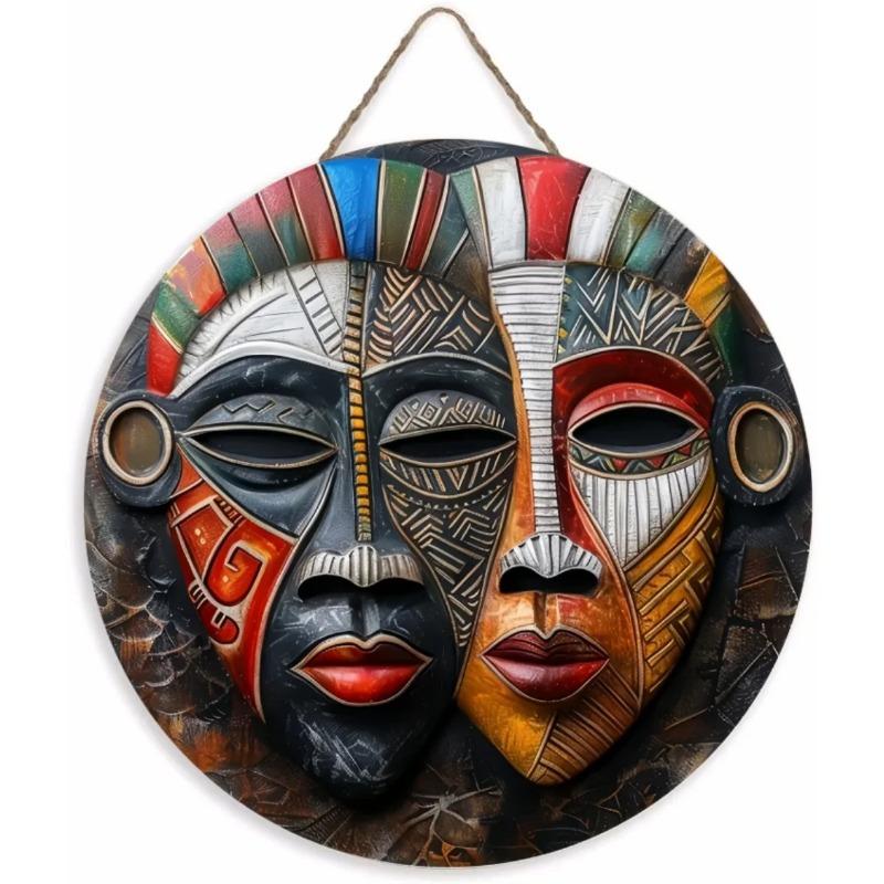 Wood Unique African Mask Circular Wooden Sign with Artistic Design, Suitable for Door, Wall, Home, Room, Farmhouse, Street, Shop, Garage, Bar, Garden