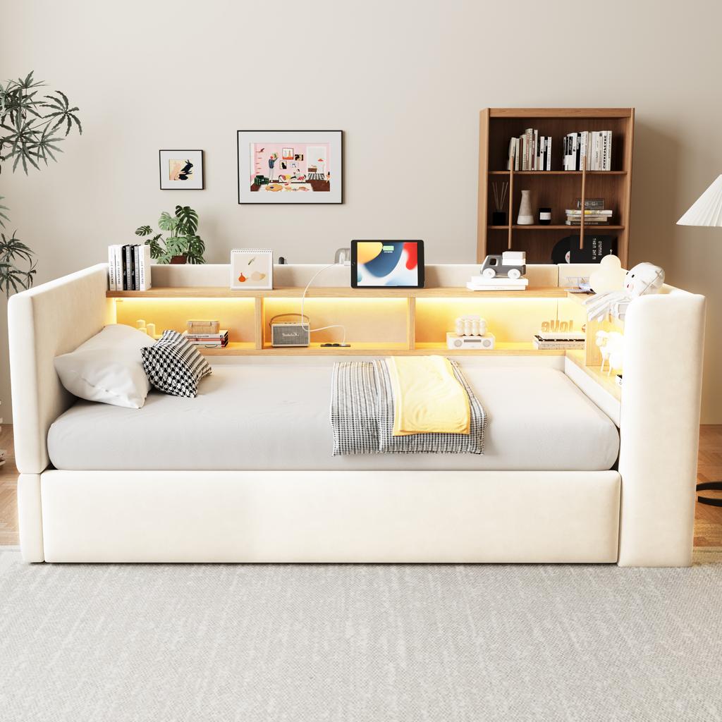 Upholstered Bed Hydraulic Sofa Bed 90*190cm, Equipped with LED Lights, Outlets and Many Storage Compartments, Multifunctional, Single Bed, Beige