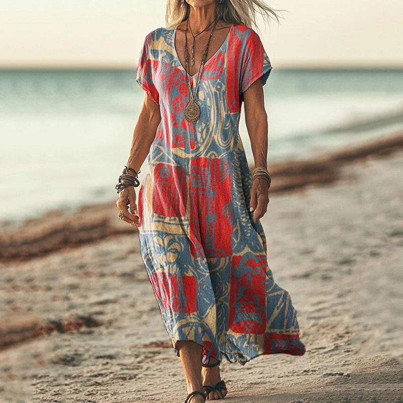 Bohemian Retro Print Raglan Sleeve Summer Maxi Dress