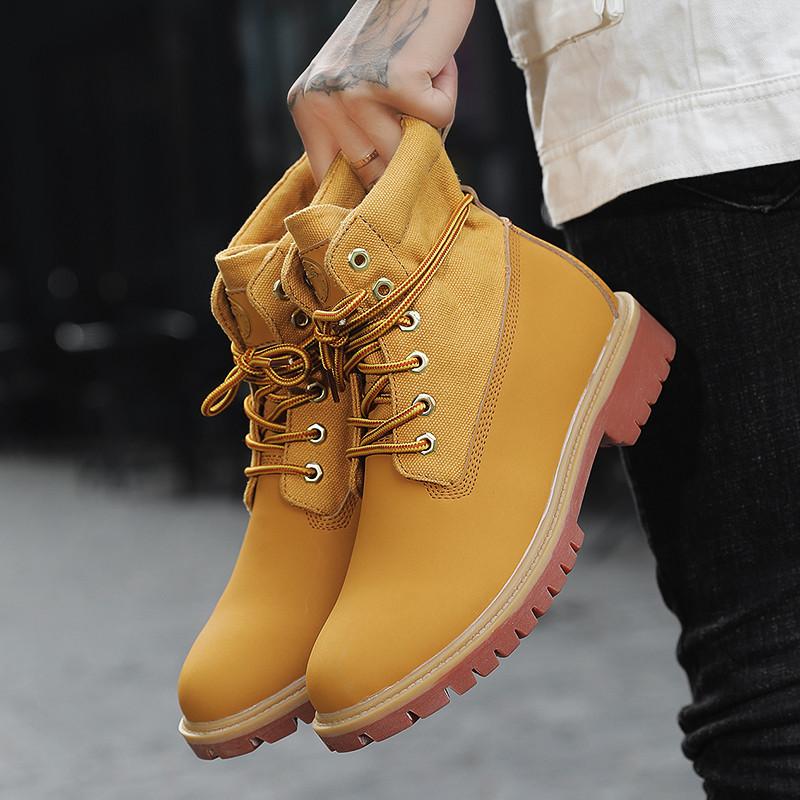 Fashion Autumn/Winter Men's Yellow Boots 2024 Fashion Quality Unisex Ankle Boots Plush Warm Leather Boots For Men High Top Work Shoes