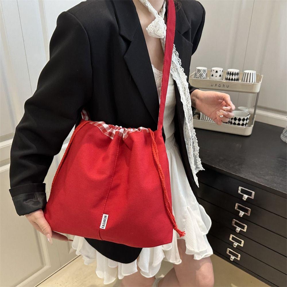 Retro Drawstring Bucket Bag Korean Style Tote Bag Vintage Denim Canvas Bag  Women