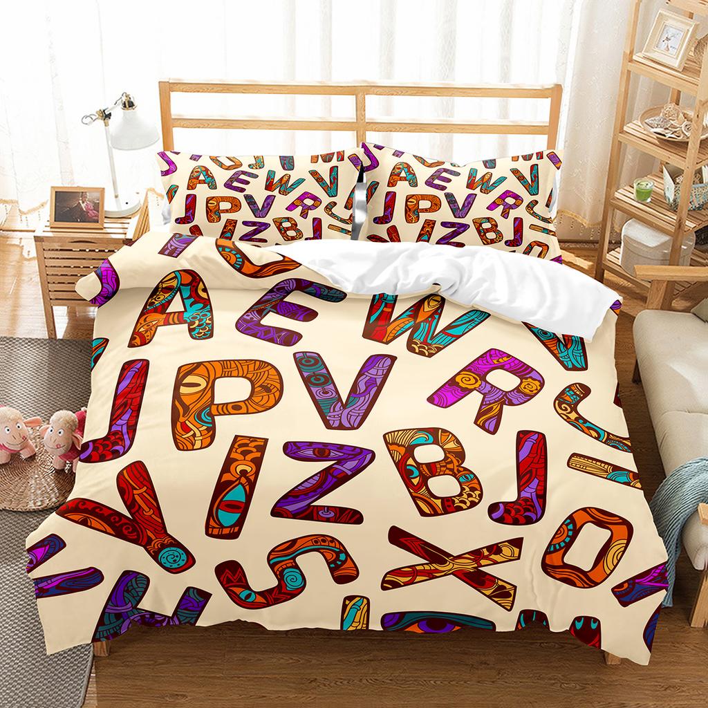 Alphabet Duvet Cover Set Colourful Letter Pattern Polyester Comforter Cover King Queen Full Size for Kids Boys Girls Bedding Set