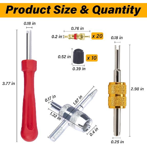 2 PCS Tire Valve Stem Removal Tool with 20 PCS Valve Cores, 10 PCS Tire Valves Caps, 1 PCS 4-Way Valves Tool, Car Accessories Tires Repair Tools
