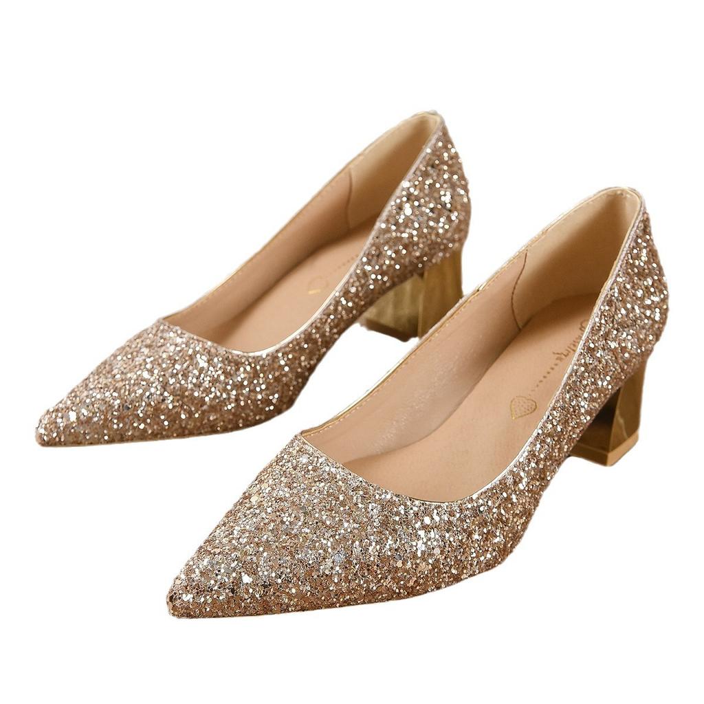 Glitter crystal shoes sequined high heels women's 2024 new pointed plus size socialite silver pregnant woman bride wedding shoes