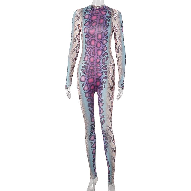 Женский сексуальный сетчатый комбинезон со змеиным принтом и длинными рукавами, прозрачный комбинезон