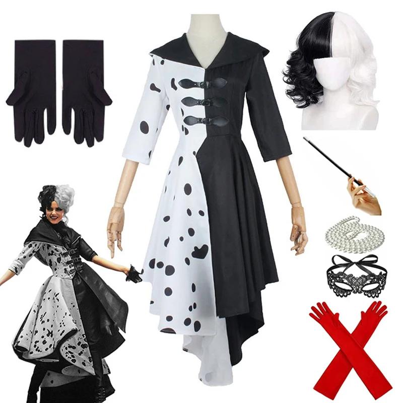 Cruella De Vil Cosplay Costume Women's Dalmatian Black and White Costume Dress With Gloves Skirt Wigs Outfits Halloween Party