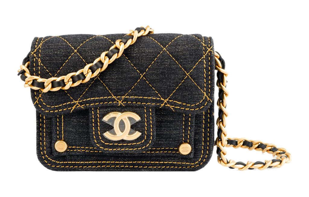 Chanel 23s Двойной У Алмазный Узор Кожаная Цепочка Джинсовая Одноплечевая Сумка-Почтальон Мини Женская Черная