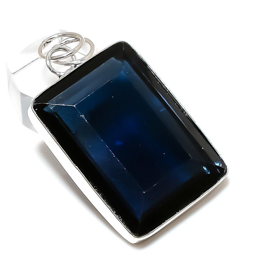 London Blue Topaz Gemstone Handmade 925 Sterling Silver Pendant 2.09" L5u83