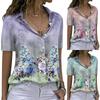 Women's Fashion Casual Printed Button Lapel Short Sleeve Shirt Tops Blouse