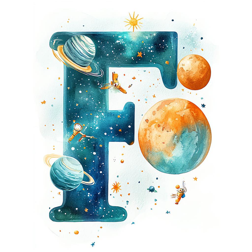 Poster "Letter F In Space" Poster "Letter F In Space, 30X40 Cm, Gold Aluminum Frame, 230 Gsm Matte Paper