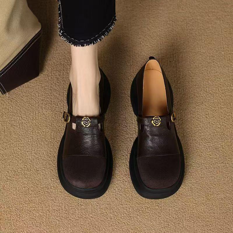 Sponge Cake Platform Leather T-Strap Loafers - High Heels for Women, 2025 Spring/Autumn Collection