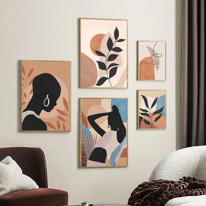 Черная Африканка Бохо Луна Рука Лист Абстрактное Настенное Искусство Холст Живопись Постеры и Принты Настенные Картины для Декора Гостиной Без Рамы