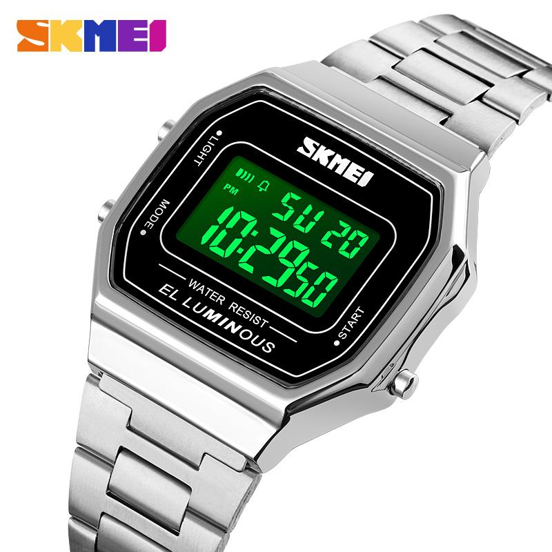 SKMEI Retro LED Digital Male Watches Casual Simple Mens Wristwatches Stainless Steel Band Waterproof Watch Men Reloj Hombre 1647