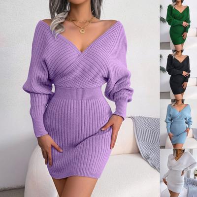 Женская мода сексуальная юбка с крестообразным V-образным вырезом и запахом на бедрах шерстяное платье