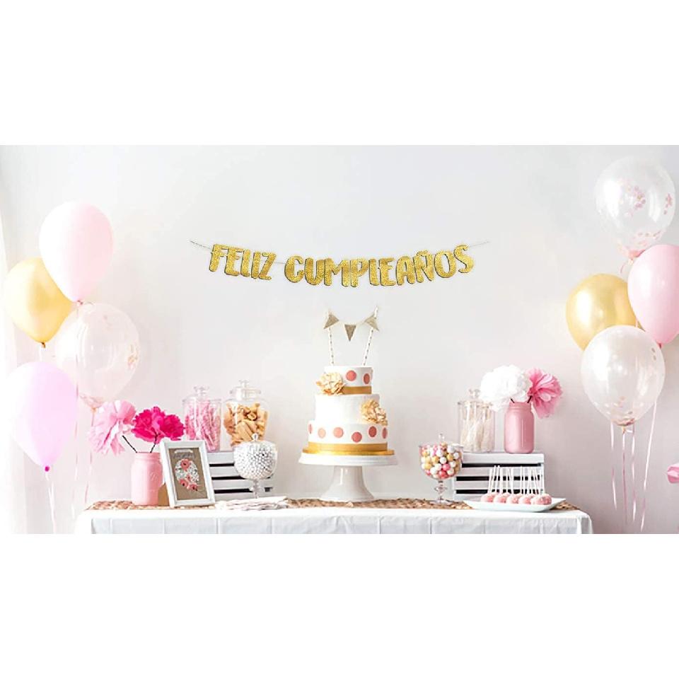 Feliz Cumpleaños Gold Glitter Banner, Spanish Happy Birthday Banner, Fiesta Mexican Themed Birthday Party Decorations