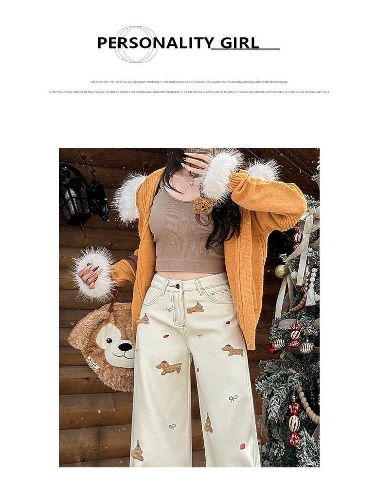 Модные женские джинсы с высокой талией и вышивкой из бархата с широкими штанинами для зимы 2025 года