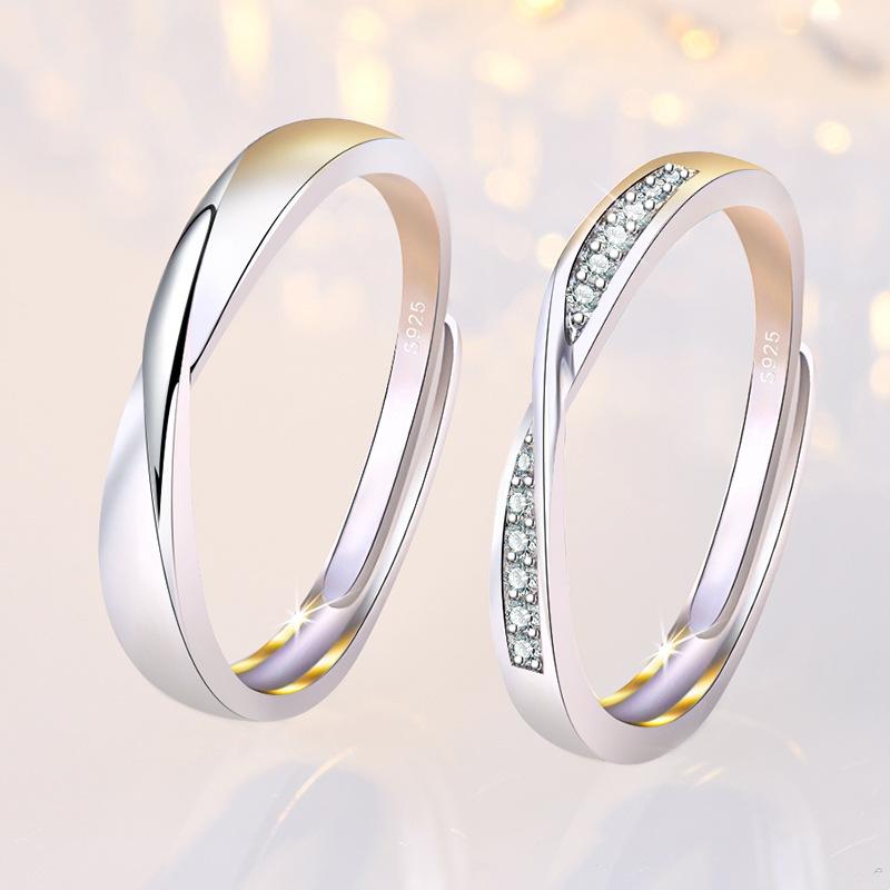 2PCS 925 Sterling Silver Ring Adjustable Open Couple Engagement Rings for Women Men Wedding Ring Party Fashion Jewelry Gift