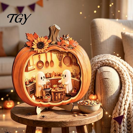 Miniature Scene Halloween Gifts Ghost Pumpkin Tabletop Sign, Wooden House with Mini Tiered Tray Ornaments Scene, Fall Harvest Desktop Ornament