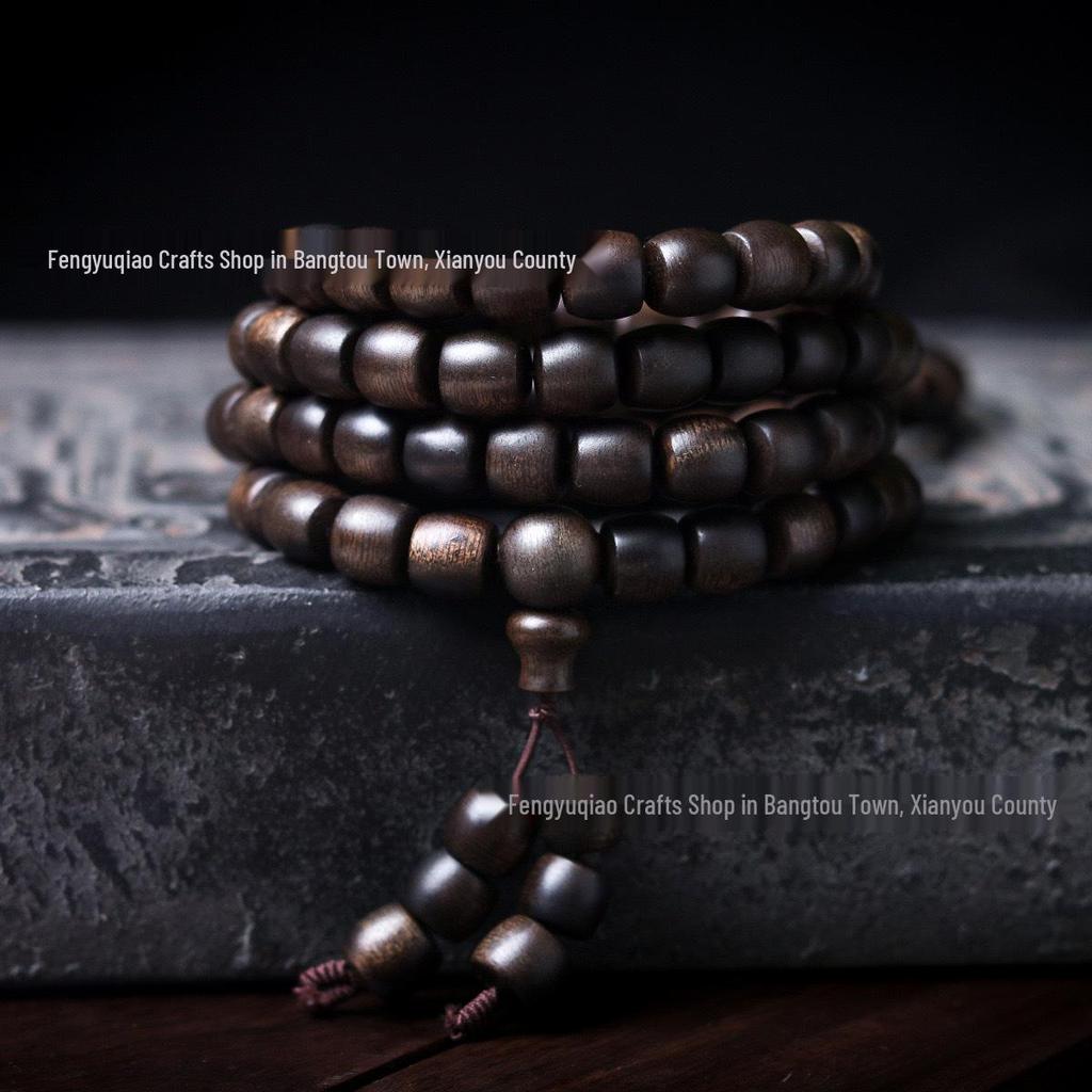 Agarwood Black Qinan High Oil Sinking Bracelet: 108 Bead Buddhist Rosary with Round and Barrel Beads, High-Quality Woody Hand Jewelry.
