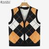 ZANZEA Женские осенние вязаные жилеты с круглым вырезом без рукавов в контрастную клетку